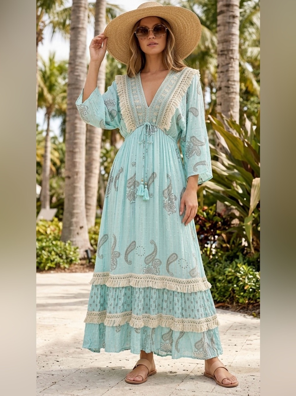 Zury 100% Viscose Paisley Fringe Boho Maxi Dress NWOT